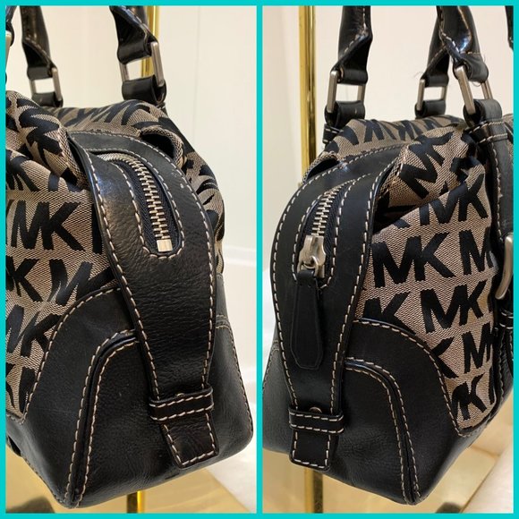 SOLD! MICHAEL KORS Black & White Signature Canvas Buckle-Trimmed Satchel - Picture 4 of 13